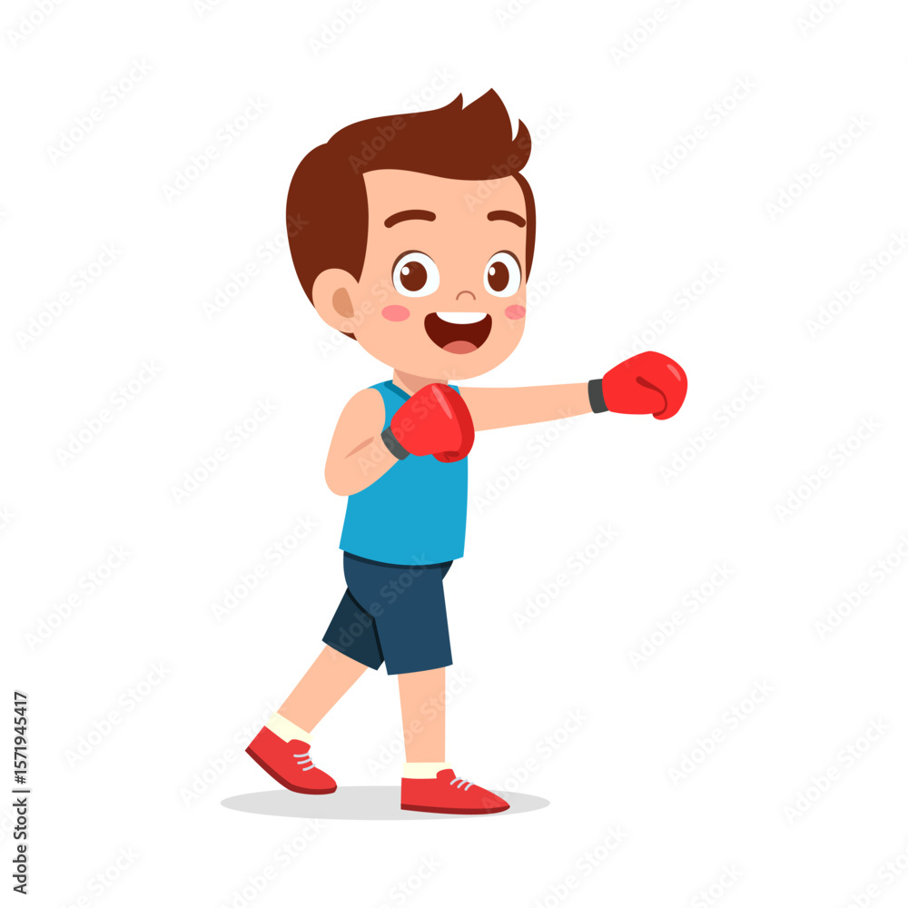 Young Boy in Boxing Stance with Red Gloves, Wearing Blue Shirt and Smiling Confidently Young Boy in Boxing Stance with Red Gloves, Wearing Blue Shirt and Smiling Confidently