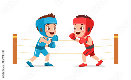 Two Young Boys in Boxing Gear Sparring in a Ring, Smiling and Engaging in Friendly Competition