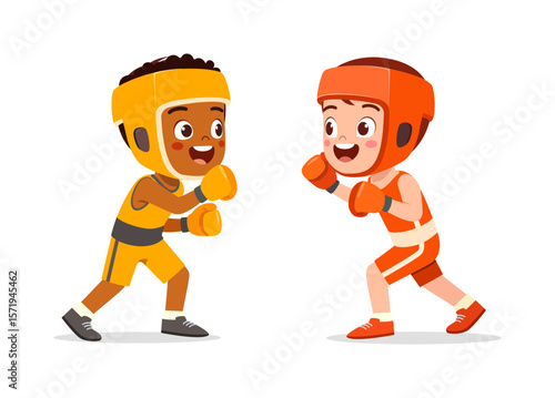 Two Boys Boxing Training Ready, Wearing Boxing Gloves and Protective Headgear Smiling