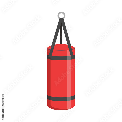 Red punching bag hangs isolated on white background in graphic style design