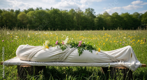 Natural burial scene with wrapped body on wooden stretcher in meadow  