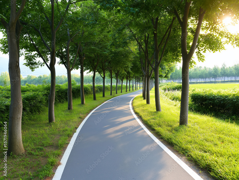 Fototapeta premium Scenic pathway lined with trees in a sunny outdoor setting during early morning