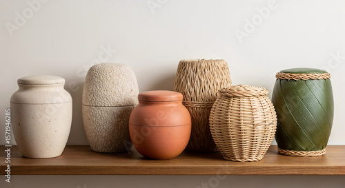 Biodegradable cremation urns made of natural materials on wooden shelf  