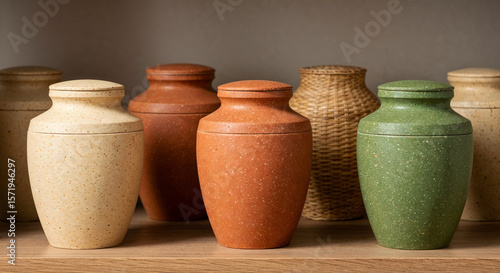 : A collection of biodegradable cremation urns made of natural materials pressed sand and salt, pressed natural fiber, wicker displayed on a shelf
