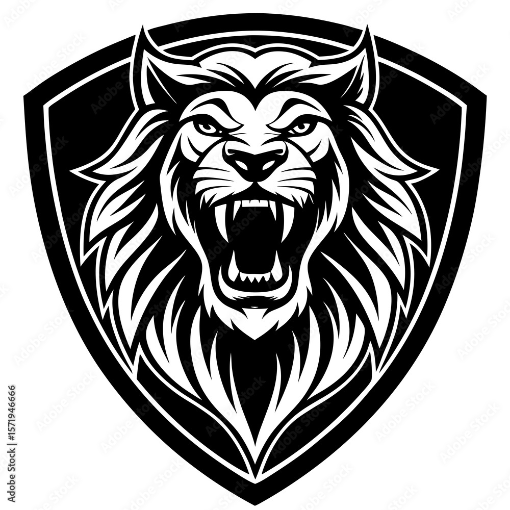 Obraz premium Aggressive lion head emblem roaring with open mouth and sharp teeth