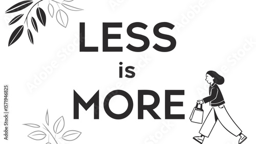 Minimalist illustration of a woman walking with a shopping bag and the phrase less is more