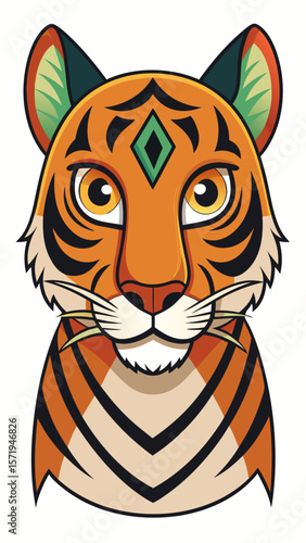 Stylized cartoon tiger face with green diamond on forehead