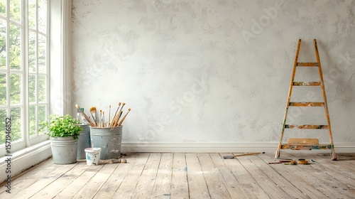 An inviting studio with open paint buckets scattered brushes a wooden ladder and a large window providing natural light