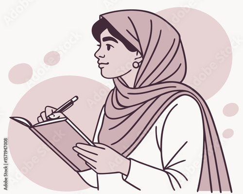 Young muslim woman wearing a hijab writing in a notebook with a pen