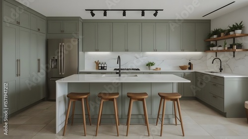 Modern Sage Green Kitchen Island with Marble Countertops, Wooden Stools, and Track Lighting.