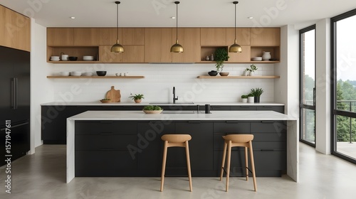 Modern Minimalist Kitchen Island: Sleek Black Cabinets, Marble Countertop, Oak Accents, and Brass Pendant Lighting.