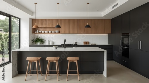 Modern Minimalist Kitchen: Sleek Dark Cabinets, Marble Island, Oak Accents, and Pendant Lighting.
