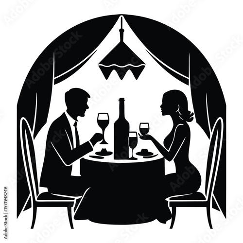 A romantic silhouette of a couple sitting and dining together, sharing a quiet meal at a small table, capturing love, intimacy, and connection in a timeless moment.
