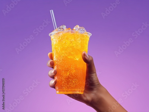 Hero shot of Hand holding a refreshing looking neon orange transparent fizzy drink and with ice cubes in it, in a cup with clear straw in it and light purple gradient background 