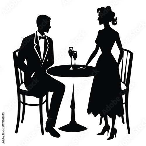 A romantic silhouette of a couple sitting and dining together, sharing a quiet meal at a small table, capturing love, intimacy, and connection in a timeless moment.
