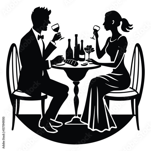 A romantic silhouette of a couple sitting and dining together, sharing a quiet meal at a small table, capturing love, intimacy, and connection in a timeless moment.

