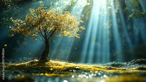 Serene forest scene with sunlight filtering through trees, highlighting a solitary tree on a grassy knoll