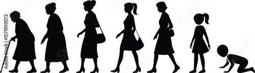 Human Life Stages: Aging Process from Baby to Elderly Woman Silhouette

