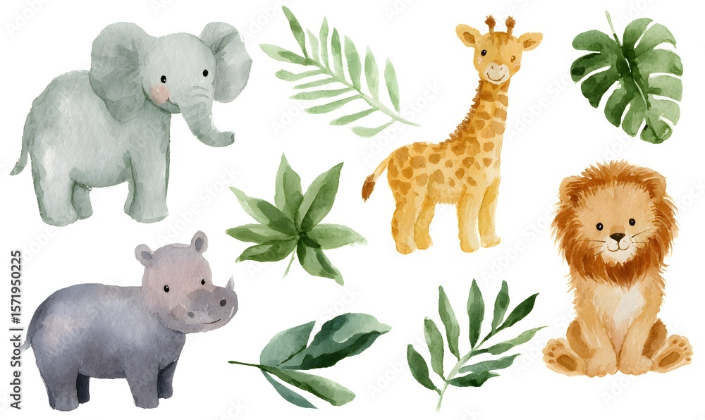 Obraz premium Watercolor illustrations of cute baby jungle animals: an elephant, giraffe, lion, zebra, and monkey with a hippopotamus in the background, set against a white background with leaves. Generative AI