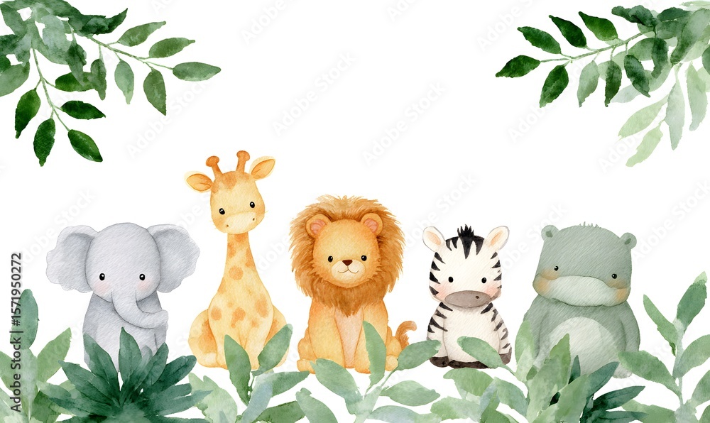 Obraz premium Watercolor illustrations of cute baby jungle animals: an elephant, giraffe, lion, zebra, and monkey with a hippopotamus in the background, set against a white background with leaves. Generative AI