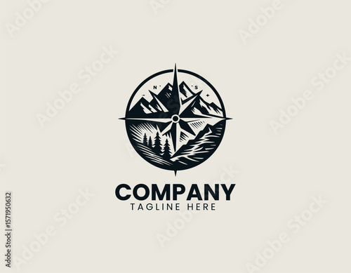 Rugged Mountain Compass Wildlife Adventure Exploration Vector Logo Design