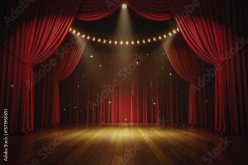 Luxurious red curtains, golden stage lights, polished wooden floor, dramatic beams, and magical sparkles create a theatrical, professional ambiance 