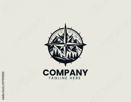 Rugged Mountain Compass Wildlife Adventure Exploration Vector Logo Design