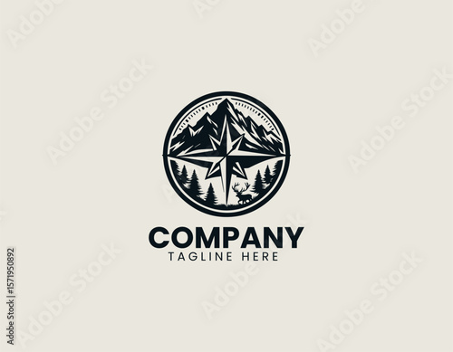 Rugged Mountain Compass Wildlife Adventure Exploration Vector Logo Design