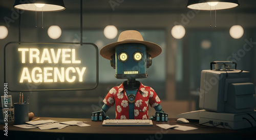 AI Robot Travel Agent Wearing Hawaiian Shirt at Agency Desk