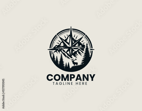 Rugged Mountain Compass Wildlife Adventure Exploration Vector Logo Design