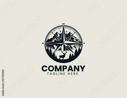 Rugged Mountain Compass Wildlife Adventure Exploration Vector Logo Design