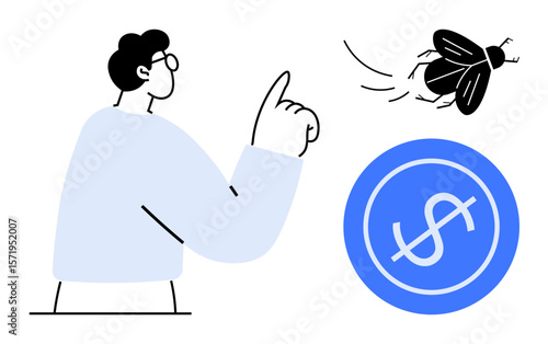 Person points toward a flying insect and a blue coin with a dollar sign. Ideal for finance, loss, expenses, opportunity cost, waste, budgeting, greed. Simple flat metaphor