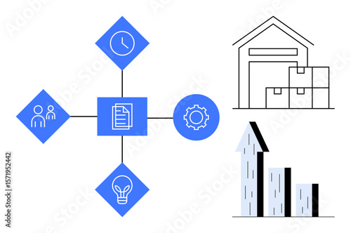 Centralized workflow chart interconnected with clock, team, idea, and gear icons. Includes warehouse and growth graph. Ideal for logistics, productivity, efficiency, strategy planning innovation