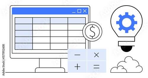 Table on computer screen with dollar coin, four simple math operators, light bulb with gear. Ideal for finance, budgeting, innovation, analytics, management technology productivity. Simple flat