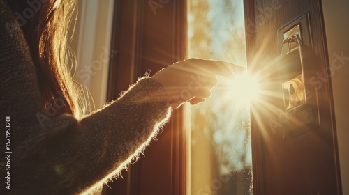 Woman's hand points towards a bright sun shining through an open door