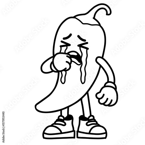 Vector illustration of sad crying chili cartoon character sketch, chili icon, chili logo, great for sticker or emot.