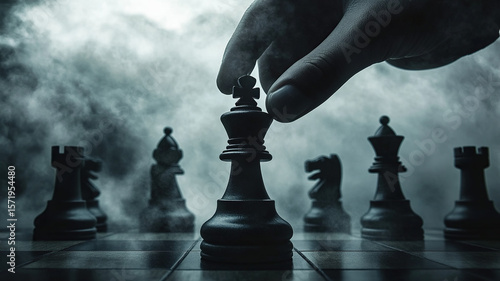 Hand moving chess king piece strategic game concept, World Chess Day