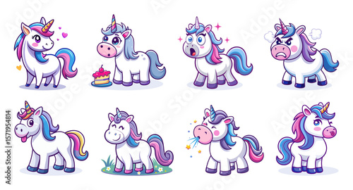 A delightful set of 8 cartoon unicorns in various emotions and poses—perfect for kids' designs, magical themes, and whimsical creative projects.