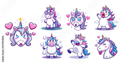 A playful set of 7 cartoon unicorns plus 1 unicorn head, showing various emotions and actions—perfect for whimsical, magical, and children’s themed designs.