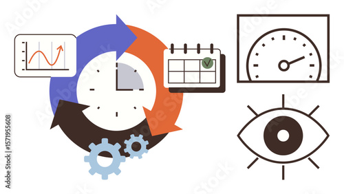 Circular arrows around clock with gears, progress graph, calendar, speedometer, and eye. Ideal for productivity, workflow, scheduling, monitoring analytics decision-making and process