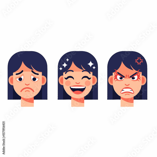 Male and Female Facial Expressions Showing Sadness, Happiness, and Anger Emotions