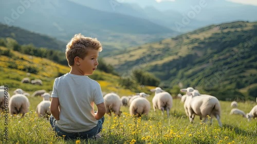 A young boy walks beside a flock of sheep in a mountain meadow, capturing a peaceful and pastoral rural moment.
