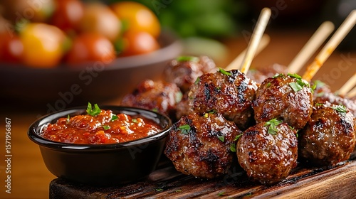 Juicy flavorful meatballs grilled to perfection and served on wooden skewers with a vibrant spicy dipping sauce