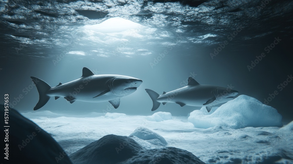 Fototapeta premium Two sharks swim amidst icy underwater landscape