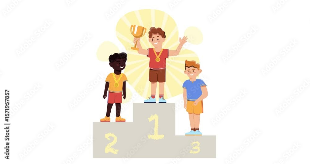 Winner podium. Moving banner with happy children standing on podium for awarding winners in competitions. Athletes and little sportsmen with medals and cup. Flat graphic animated cartoon Winner podium. Moving banner with happy children standing on podium for awarding winners in competitions. Athletes and little sportsmen with medals and cup. Flat graphic animated cartoon