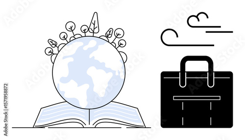Open book showing Earth surrounded by plants alongside a black briefcase. Ideal for sustainability, eco-education, green business, balance, learning, innovation, ethical work. Simple flat metaphor