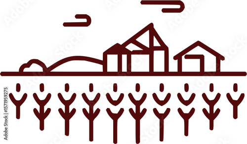 Stylized farm landscape with crops houses and clouds in minimal brown line art illustration style
