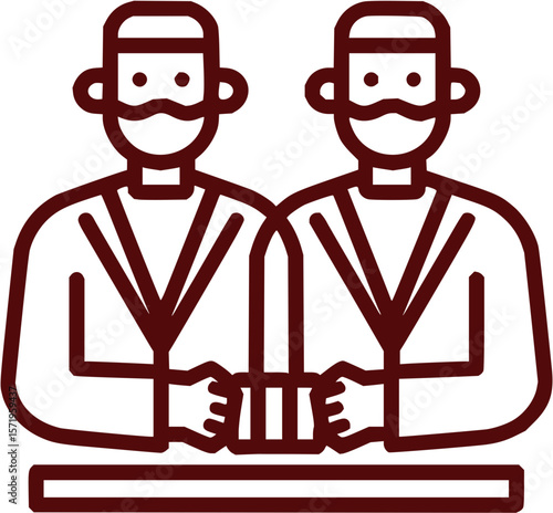Illustration of two people wearing masks and robes sitting at a table with clasped hands design