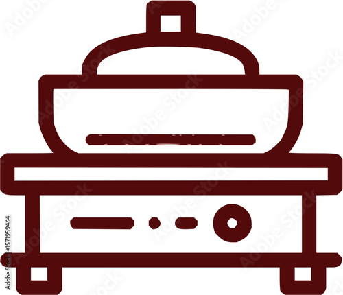 Illustration of a fondue pot with a lid resting on a hot plate in a simple line drawing style design