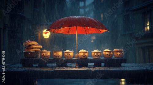 Fototapeta Naklejka Na Ścianę i Meble -  Rainy night street scene, small food stalls with smiling bowls
